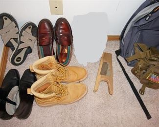 mens leather shoes, leather boots, leather sandals, boot puller, backpack, fanny pack