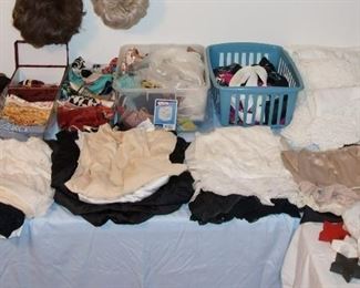 Ladies lingerie, slips, full slips, scarves, brocade wig stand and carrying case with wig, star pillows
