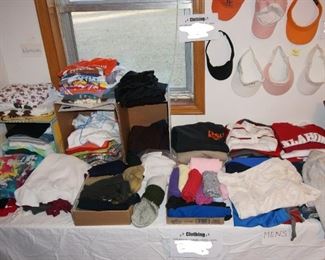 ladies clothes, t-shirts, turtlenecks, sweatshirts, socks, sweatsocks, tiedye shirts, pajamas, golf hats, long underwear, mens t-shirts, sweatshirts, sport shorts, OU shirts