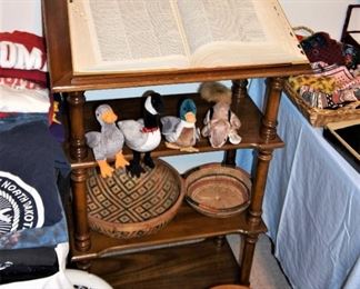 Wood dictionary/book stand, woven baskets, stuffed animals/dog toys