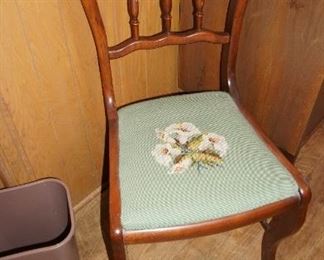 One of SIX antique wood chairs w/ needlepoint seats