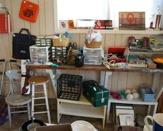 Fishing tackle box, stools, tools, OU signs, OSU signs, hand weights/dumbbells, folding walker, trophies, screwdriver sets, extension cords, picture frames