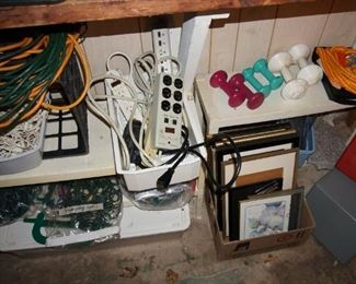 hand weights/dumbbells, folding walker, trophies, screwdriver sets, extension cords, picture frames