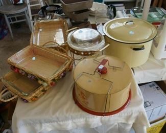 Vintage kitchenware, straw casserole holders, glass casserole dishes, enamel pot