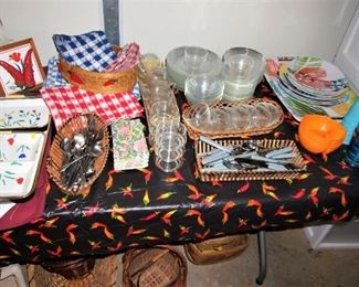 1980s picnic serving set, picnic baskets, laundry baskets, serving trays, table cloths, silverware, glass dishes, bowls, plastic cups