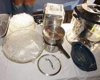 glass serving trays, metal bakeware, roasting pans, large coffee urn, pots, pans, glass punch bowl/punch set
