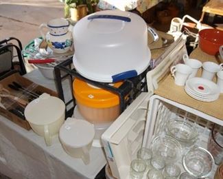Kitchenware, plastic dishes, measuring cups, glassware, Pyrex, cake cover/transport, demi tasse set, folding chairs, serving utensils, pitchers, vases