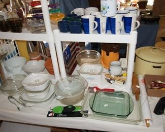 Kitchenware, Pyrex and glass dishes, mugs, serving utensils, bowls, cookware, etc.