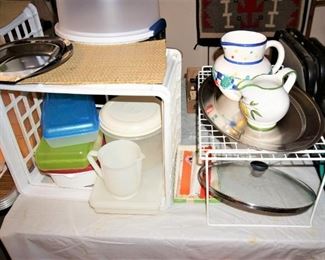 Kitchenware, Pyrex and glass dishes, mugs, serving utensils, bowls, cookware, etc.
