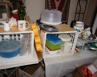 Kitchenware, cake cover, plastic storageware, tea tins, pitchers, Pyrex and glass dishes, thermos, mugs, serving utensils, bowls, cookware, etc.