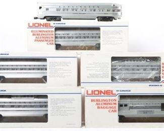 CURRENT OFFER: $190   LOT 3: 6 Lionel aluminum Burlington pass. 
Description: Lionel modern O gauge aluminum Burlington 6-car passenger set including 9576 9577 9578 9579 9580 9588. Cars are all in OBs, which show some mild wear. Cars are C7-8 with run time and some display dust.