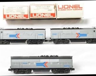 CURRENT OFFER: $185   LOT 5: Lionel Amtrak F-3 A-B-A 8466, 8467, 8475 diesel locomotives  
Description: Lionel modern O Gauge Amtrak F-3 A-B-A set in OBs. Three units include 8466 powered A, 8467 dummy A and 8475 dummy B unit. Locos are lower C8 with a few small scuffs on the bodies, but chassis are C9 with very little if any run time.