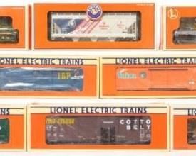 CURRENT OFFER: $140   LOT 13: 10 Lionel freight cars 
Description: Ten freight cars include 17203 Cotton Belt double door boxcar, 52074 LCCA IBP reefer, 17218 Bangor and Aroostook State of Maine boxcar, 6521 New York Central flat, 17311 Railway Express Agency reefer, 17307 Tropicana reefer, 17114 Peabody hopper, 17517 Western Pacific flat, 17157 Wonder Bread hopper, and 17518 Pennsylvania flat with Corgi trucks. Cars are C7 to C9. A few original boxes have more moderate wear than others.