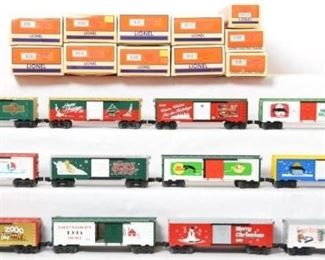 CURRENT OFFER: $115   LOT 18: 12 Lionel Christmas and Vapor holiday boxcars  CURRENT BID $100  
Description: Lionel modern O gauge Christmas boxcars in original boxes. Twelve cars include 26243, 16272, 26228, 19998, 36243, 19945, 10038, 28272, 26208, 16291, 36207, and 25061 missing box. Cars are generally C8 with some dust from display. Original boxes have mild to moderate wear.
