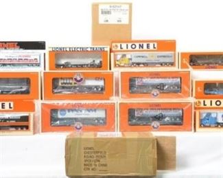 CURRENT OFFER: $290   LOT 8: 10 Lionel flats with trailers 26021, 52099. 52489, etc. Nassau Lionel Operating  
Description: Lionel modern O gauge flats with trailers in original boxes. Ten cars include 26021 Canadian National, 52099 LRRC of St. Louis, 52147 St. Louis LRRC Campbell Express, 52190 LRRC, two 52341 NLOE Long Island Railroad flats with Pan Am trailers, 52144 NLOE Long Island Railroad flat with Grumman trailer, two 52489 NLOE flats with PC Richard and Sons trailers, and 52147 flat sealed. Items are C8 to C10.