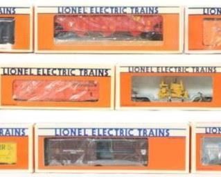 CURRENT OFFER: $125   LOT 12: 10 Lionel freight cars
Ten freight cars include 17111 Reading hopper, 15000 Rio Grande boxcar, 52009 TTOS Western Pacific boxcar, 16935 Union Pacific flat with dozer, 9815 New York Central reefer, 52087 New Mexico Central boxcar, 52058 TTOS Santa Fe boxcar, 17127 Delaware and Hudson hopper, 19510 Pennsylvania stock car, and 19601 North American tank car. Cars are C7-8. original boxes have light to mild wear.