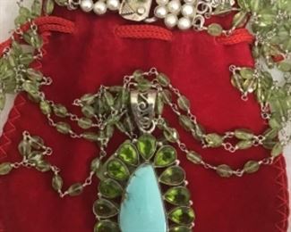 Safia jewelry real pearls , sterling, turquoise, and Paradot.   Necklace 