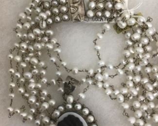 Sterling, pearls and cameo necklace by Safia