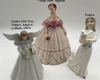 1) Capodimonte porcelain "Anno 1840" figurine.  2) Lladro 1991 Tree Topper, Angel w/ cymbalsd #5876.  3) Tengra figurine