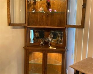 Antique Corner Cabinet, Rare Apartment Size and 2 piece!  Just 29-1/2" across and 21" deep along each wall.  Beveled glass, mirrored back.