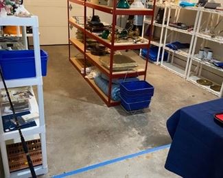 Shelving:  Heavy-duty metal and plastic.  All can be easily disassembled for moving.  THERE IS MORE SHELVING THAN WHAT YOU SEE IN THIS PHOTO.