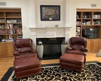Robb & Stuckey leather lounge chairs with ottomans