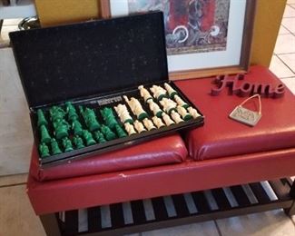 Chess game and red bench 
Marilyn Chandler watercolor