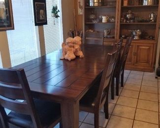 Large farmhouse style table with 5 chairs and bench