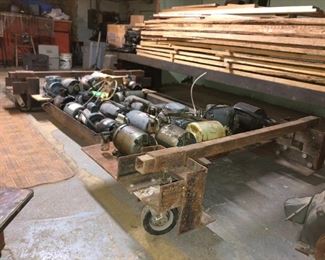 Lot of Large Motors, Rough Cut Ash Lumber, Machine Dolly for Linotype Lead