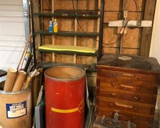 Vintage 6 Drawer Shop Cabinet, Small Router, Cardboard Drums