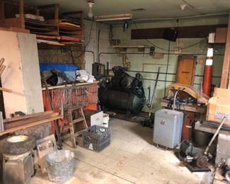 Leland Air Compressor, misc shop items, Wood Car Creeper (Southwick Topeka Ks)