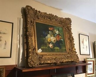 Beautifully painted Floral Design Oil on Canvas, Ornately Framed 