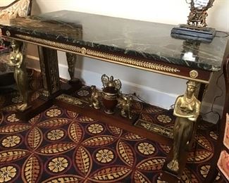 French Empire Center Hall-Library Table, Ormulu Accents, Beautiful Marble Top