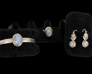 Sterling and Moonstone Bracelet, Ring and Earrings.