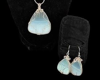 Unique Sea-glass and Woven Sterling necklace and matching earrings.