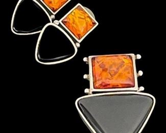 Sterling Geometric Black Onyx and Amber Pendant/Pin and Matching Earrings.