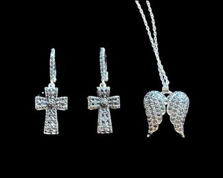Sterling and Black Spinel Necklace and Cross Earrings. 