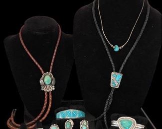 Sterling and Turquoise Rings, Bracelets, Bolos and Necklace.  Black Zuni Bolo stamped F. Cheama.