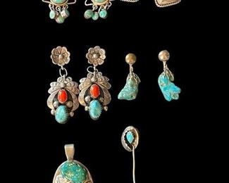 Sterling with Turquoise and Coral.  Earrings, Pendant and Pin.
