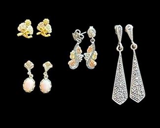 Black Hills Gold Earrings, Gold and Sterling Earrings, Sterling and Marcasite Earrings, Gold and Coral Earrings.