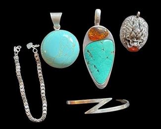 Sterling Bracelet, Cuff and Pendants.  