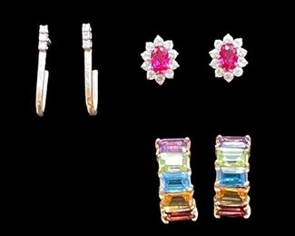 Pierced Earrings - Gold and Diamond, Gold Ruby and White Sapphire, Multi-Stone and Gold.