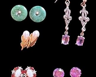 Pierced Earrings - Jade and White Sapphire, Sterling and Amethyst, Opal and Spessartite Garnet, Purple Semi-Precious Stone Studs.