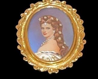 18K Gold Italy - Jeweled Miniature Painted Portrait Brooch/Pendant