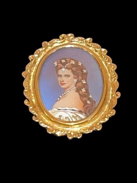 18K Gold Italy - Jeweled Miniature Painted Portrait Brooch/Pendant