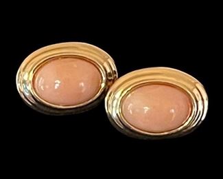 14K Gold Earrings with Oval Angel Skin Coral Center.