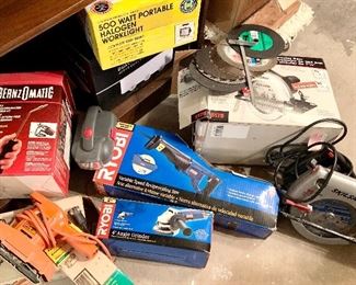 Bernzomatic Torch kit $25, 
500Watt Halogen Worklight $10, 
SkilSaw 71/4" Circular saw $45, 
Ryobi reciprocating saw $25, 
Ryobi angle grinder $35, 
Black & Decker sander $25