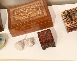 Precious boxes from around the world priced at sale. Wood $2-10ea