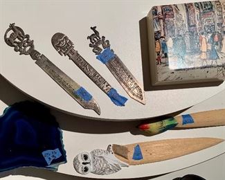 Silver Bookmarks $10-15 ea sold
Owl bookmark $5
Parrot $3
Agate coasters $3 ea
French scene box $10