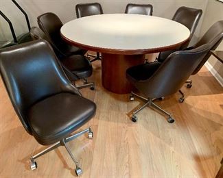 Mahogany base table 57"×57"×30.5"$495
Caster chairs 22"×17"×35" $45 each
$850 for complete set